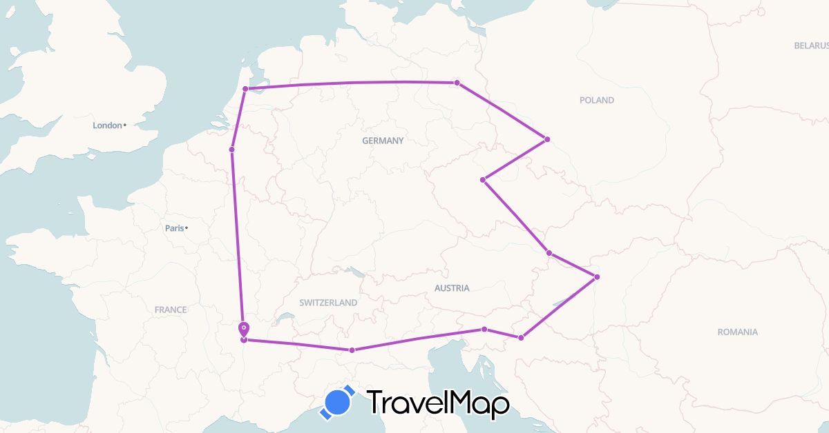 TravelMap itinerary: driving, train in Belgium, Czech Republic, Germany, France, Croatia, Hungary, Netherlands, Poland, Slovenia, Slovakia (Europe)